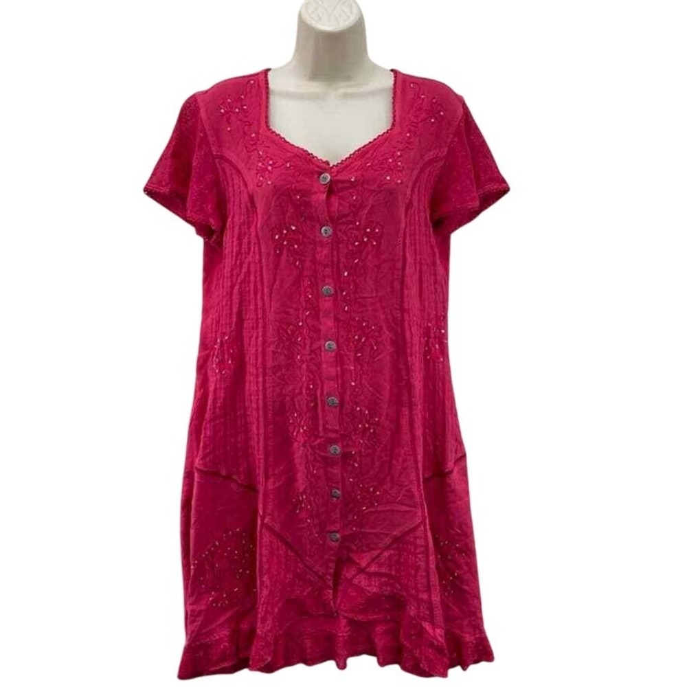 Vintage Coline Button Front Dress Medium Pink Embroidered Sequin Beaded Coquette